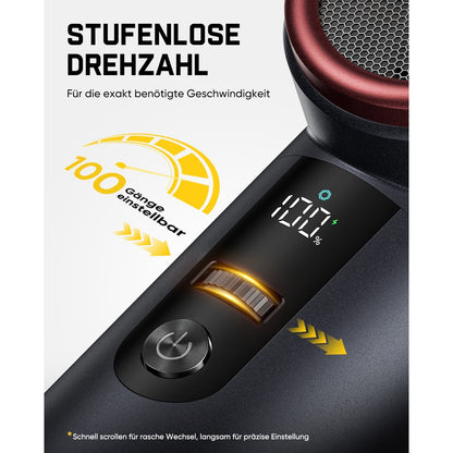 Der Fanttik B11 Pro bietet eine stufenlose Drehzahlregelung mit 100 einstellbaren Gängen, damit Sie genau die benötigte Windgeschwindigkeit einstellen können.
Über den Scroll-Schalter lässt sich die Geschwindigkeit anpassen: Schnelles Scrollen für große Sprünge, langsames Scrollen für präzise Feinjustierung. Ein digitales Display zeigt die aktuelle Einstellung an.