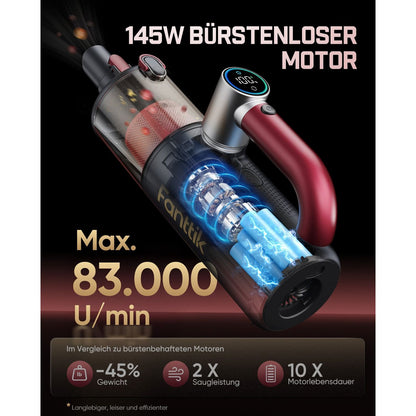 Ausgestattet mit einem 145-Watt bürstenlosen Motor erreicht der Fanttik Cruise V11 APEX eine maximale Drehzahl von 83.000 U/min. Gegenüber Motoren mit Kohlebürsten ist er um 45 % leichter, liefert eine doppelt so starke Saugleistung und hat eine 10-fache Lebensdauer. Der Motor ist langlebiger, leiser und effizienter.