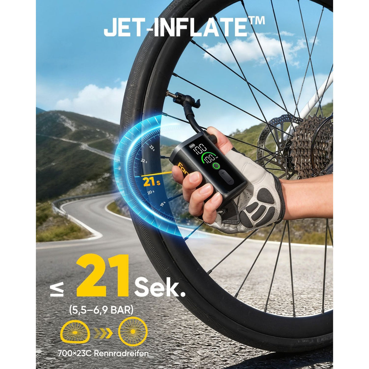 Das Bild stellt die Jet‑Inflate™ Schnellaufbläsfunktion vor. Ein Rennradreifen 700×23C lässt sich in ≤21 Sekunden von 5,5 auf 6,9 BAR aufpumpen. Die Grafik visualisiert den schnellen Aufbläsvorgang direkt bei der Nutzung am Fahrradreifen.
