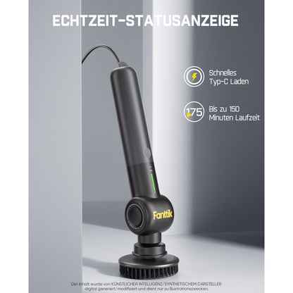 Fanttik Flip G9 Pro Elektrische Reinigungsbürste, VoltiPulse Motor, Dual-Speed, 6 Bürstenköpfe, Flexibler Winkel & Ausziehbarer Griff, IPX7 Wasserdicht, Typ-C Ladung für Boden, Fliesen, Fugen -Schwarz