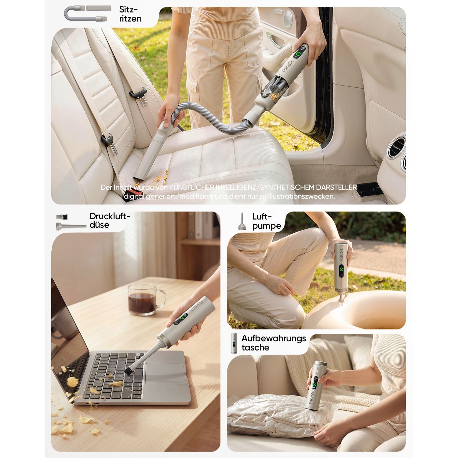 Fanttik Slim V10 Ultra kabelloser Autostaubsauger, 4-in-1 Mini Handstaubsauger mit 19 kPa Saugkraft, frei kombinierbarem Zubehör, 2 Saugmodi für Auto, kleine Arbeiten, Tastatur und Büro