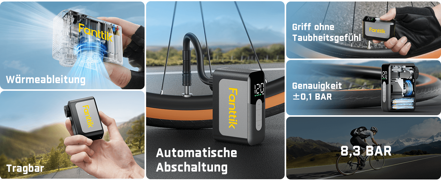 Fanttik X10 Ace Mini akku Fahrradpumpe mit Manometer, 120 PSI elektrische Fahrradpumpe mit Presta- und Schrader-Ventil, Auto-Stopp, schnelles Aufpumpen für Rennrad, Mountainbike, Motocross und E-Bike