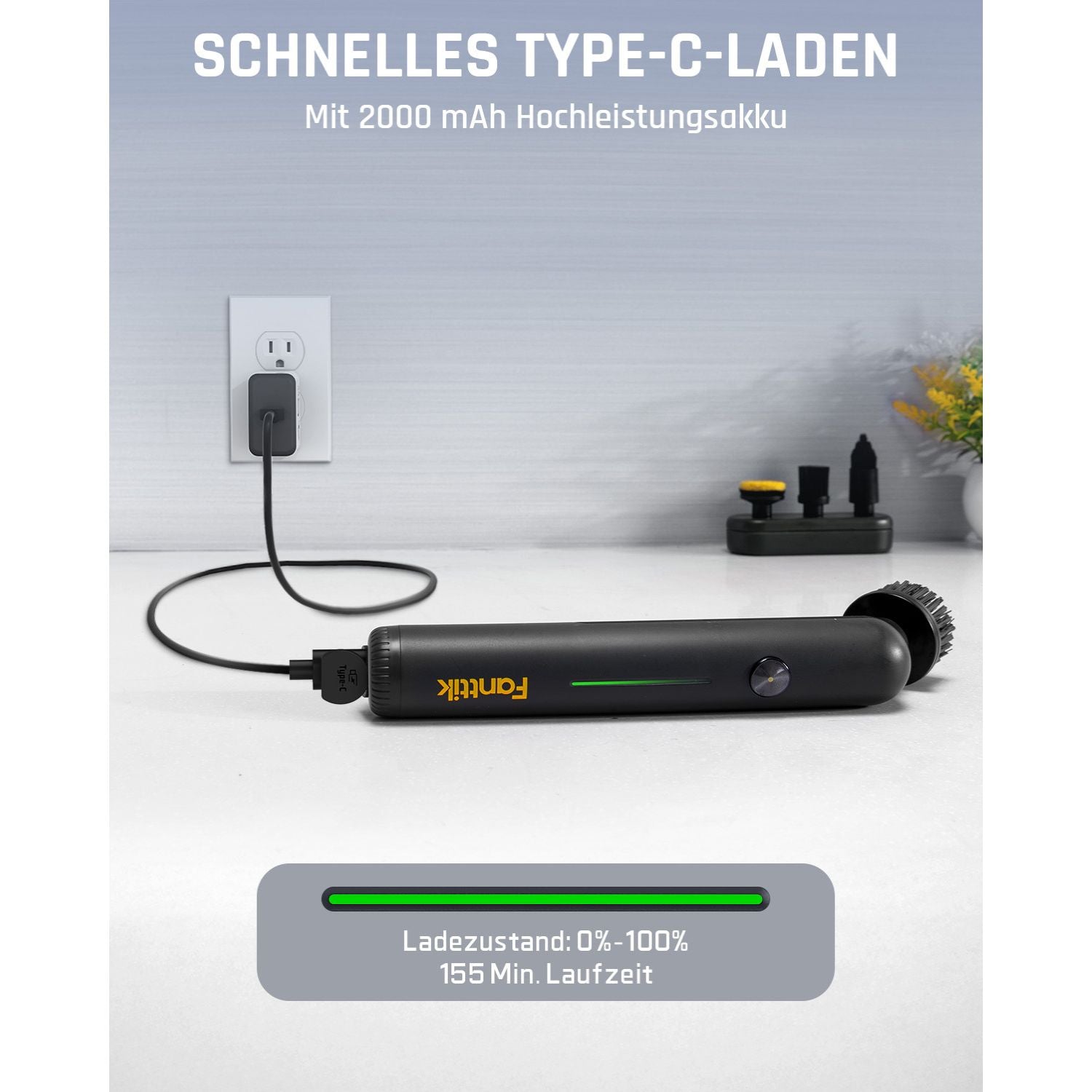 Fanttik G9 Nano Elektrischer Spin Scrubber, kabellose Fugenbürste, Typ-C-Ladung, LED-Anzeige, IPX7, 8 Aufsätze für Fugen, Ecken – Schwarz