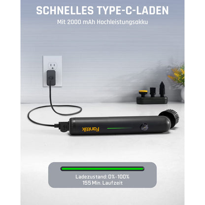 Fanttik G9 Nano Elektrischer Spin Scrubber, kabellose Fugenbürste, Typ-C-Ladung, LED-Anzeige, IPX7, 8 Aufsätze für Fugen, Ecken – Schwarz
