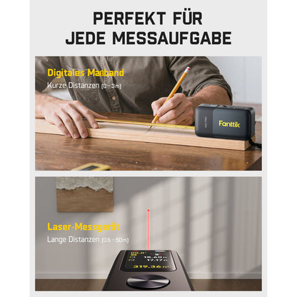 Fanttik A10 Pro 2-in-1 Digitales Laser Entfernungsmesser mit HD IPS-Farbdisplay, Wiederaufladbar 50m Laserentfernungsmesser & 3m Maßband, 6 Einheiten wählbar, Für Entfernung/Fläche/Volumen