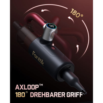 Dieses Bild stellt den AXLOOP™ Griff des Fanttik Cruise V11 APEX vor. Der Griff lässt sich um 180 Grad drehen. Dadurch ist eine ergonomische Bedienung bei jeder Reinigungsstellung möglich, auch in engen Winkeln. Am Griff befindet sich zudem das Bedien-Display mit Statusanzeigen.