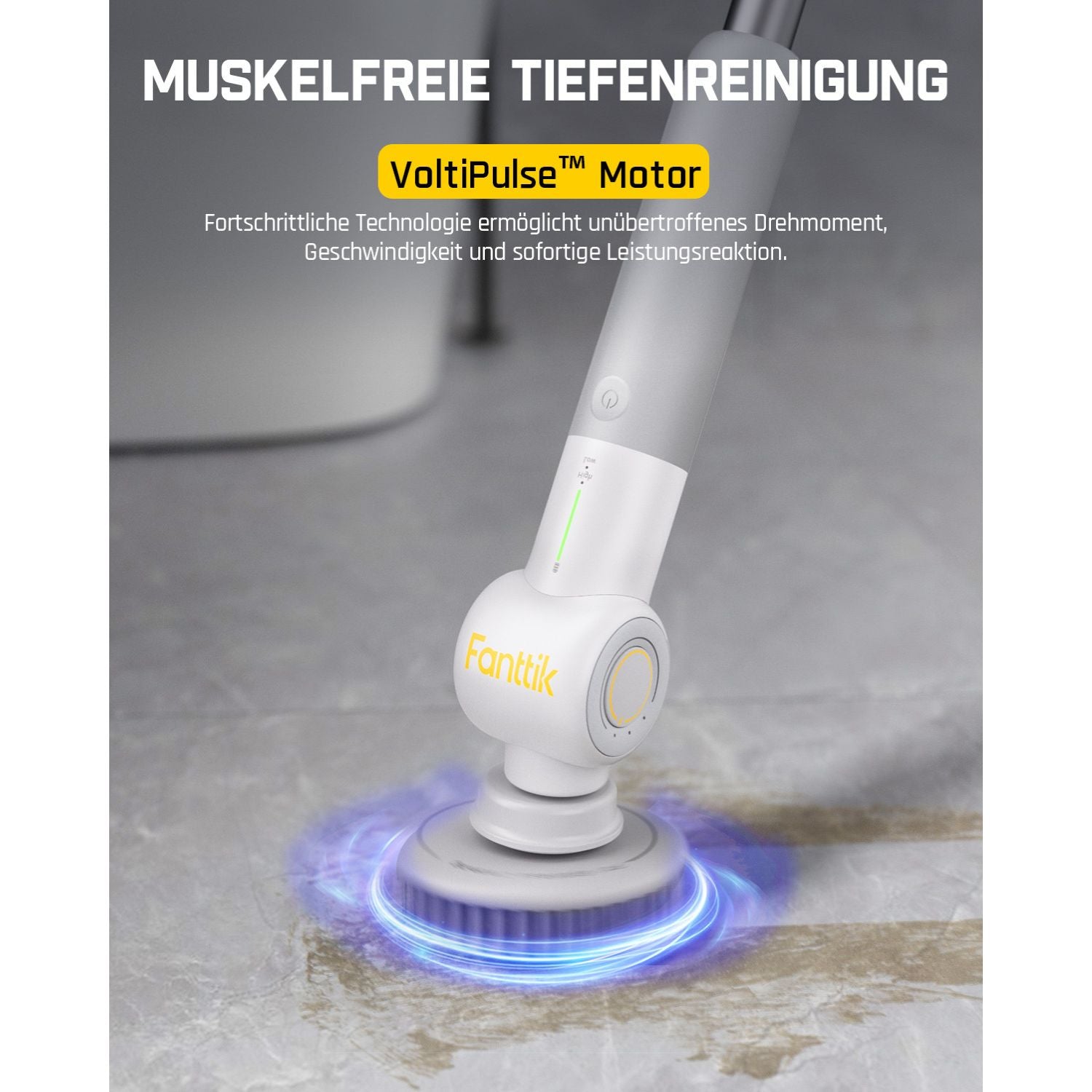 Fanttik Flip G9 Pro Elektrische Reinigungsbürste, VoltiPulse Motor, Dual-Speed, 6 Bürstenköpfe, Flexibler Winkel & Ausziehbarer Griff, IPX7 Wasserdicht, Typ-C Ladung für Boden, Fliesen, Fugen - Weiß