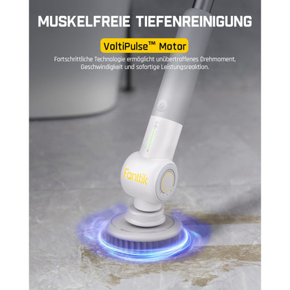Fanttik Flip G9 Pro Elektrische Reinigungsbürste, VoltiPulse Motor, Dual-Speed, 6 Bürstenköpfe, Flexibler Winkel & Ausziehbarer Griff, IPX7 Wasserdicht, Typ-C Ladung für Boden, Fliesen, Fugen - Weiß