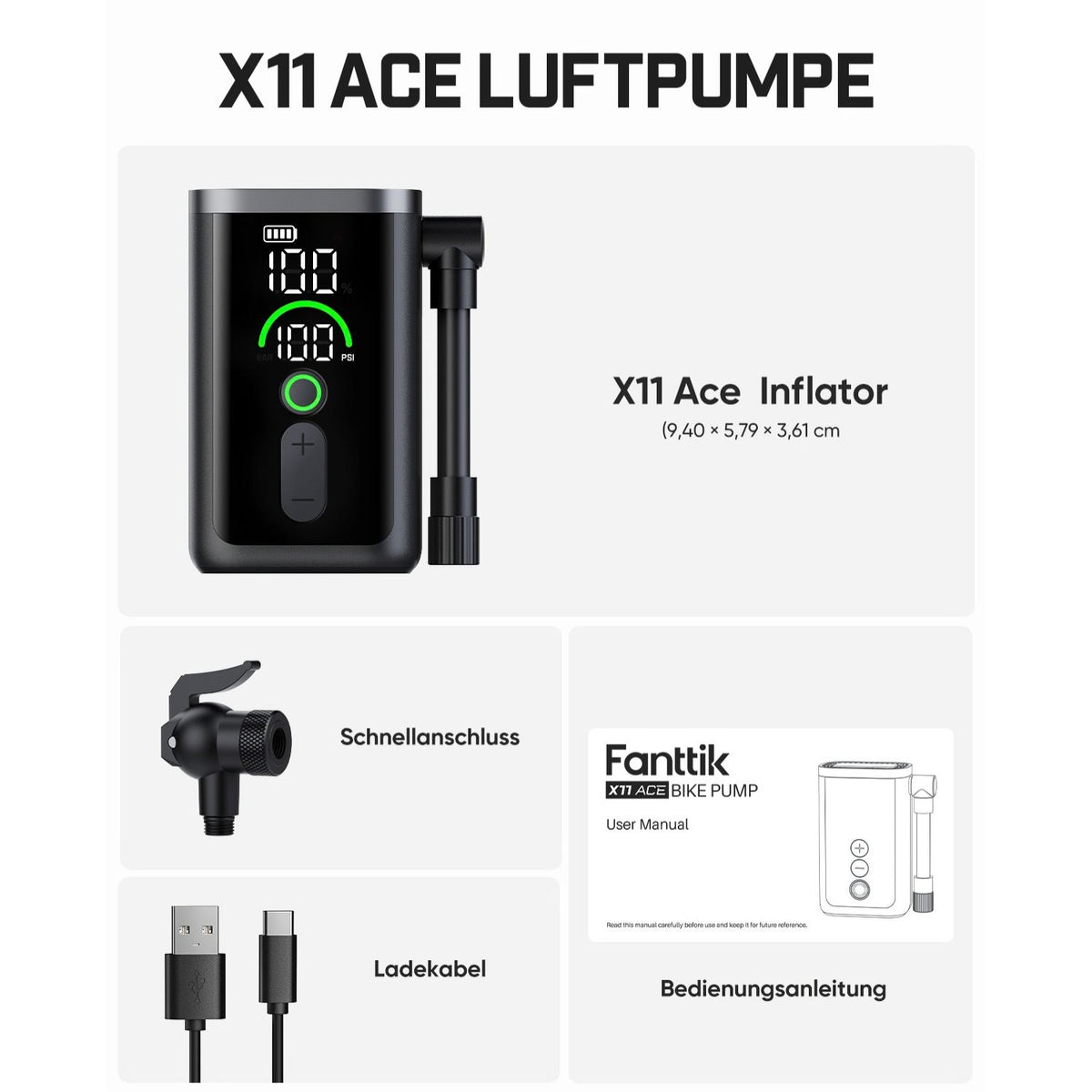 Übersichtsbild der X11 Ace Luftpumpe mit dem kompletten Lieferumfang.

- Hauptgerät X11 Ace Inflator, Maße: 9,40 × 5,79 × 3,61 cm
- Schnellanschluss-Adapter
- USB‑C Ladekabel
- Bedienungsanleitung
Es ist eine tragbare elektrische Mini-Luftpumpe für Fahrradreifen.