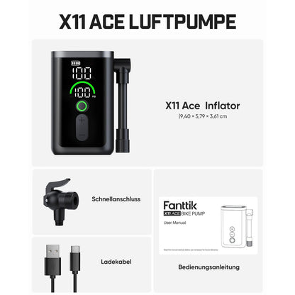 Übersichtsbild der X11 Ace Luftpumpe mit dem kompletten Lieferumfang.

- Hauptgerät X11 Ace Inflator, Maße: 9,40 × 5,79 × 3,61 cm
- Schnellanschluss-Adapter
- USB‑C Ladekabel
- Bedienungsanleitung
Es ist eine tragbare elektrische Mini-Luftpumpe für Fahrradreifen.