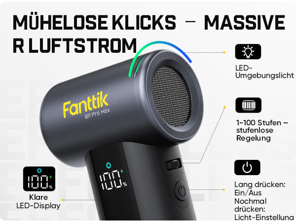 Titel: MÜHELOSE KLICKS – MASSIVER LUFTSTROM
Bedienung und Ausstattung im Detail:

- Klares LED‑Display mit prozentualer Akkustandsanzeige
- LED‑Umgebungslicht (1000 Lumen) für dunkle Arbeitsbereiche
- 1–100 Stufen stufenlose Regelung der Gebläseleistung
- Bedienlogik: Lange drücken = Ein/Aus; erneutes Drücken = Einstellen der Beleuchtung
Mit einfachen Tastenbedienungen lässt sich der Luftstrom präzise anpassen.