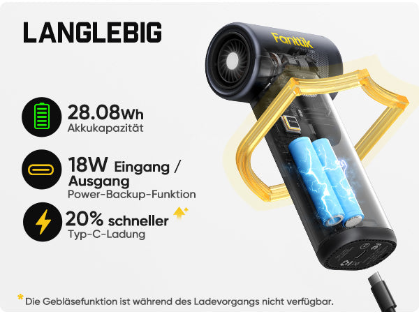 Titel: LANGLEBIG
Akku‑ und Ladedaten:

- 28,08 Wh Akkukapazität für lange Nutzungsdauer
- 18 W Eingang und Ausgang, integrierte Power‑Backup‑Funktion (Powerbank) zum Aufladen von Smartphones
- Typ‑C‑Aufladung, um 20 % schnelleres Laden
Fußnote: Die Gebläsefunktion kann während des Ladevorgangs nicht verwendet werden.