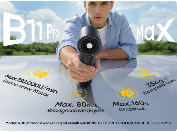 Produktname: Fanttik B11 Pro Max
Die Grafik stellt die wichtigsten technischen Daten vor:

- Bürstenloser Motor mit bis zu 150.000 U/min für starke Leistung
- Maximale Windgeschwindigkeit von 80 m/s
- Maximaler Winddruck von 160 g
- Nur 354 g Gewicht, kompakte Bauweise und einfache Handhabung
Hinweis unten: Das Motiv wurde digital mit KI nur zur Veranschaulichung erstellt.