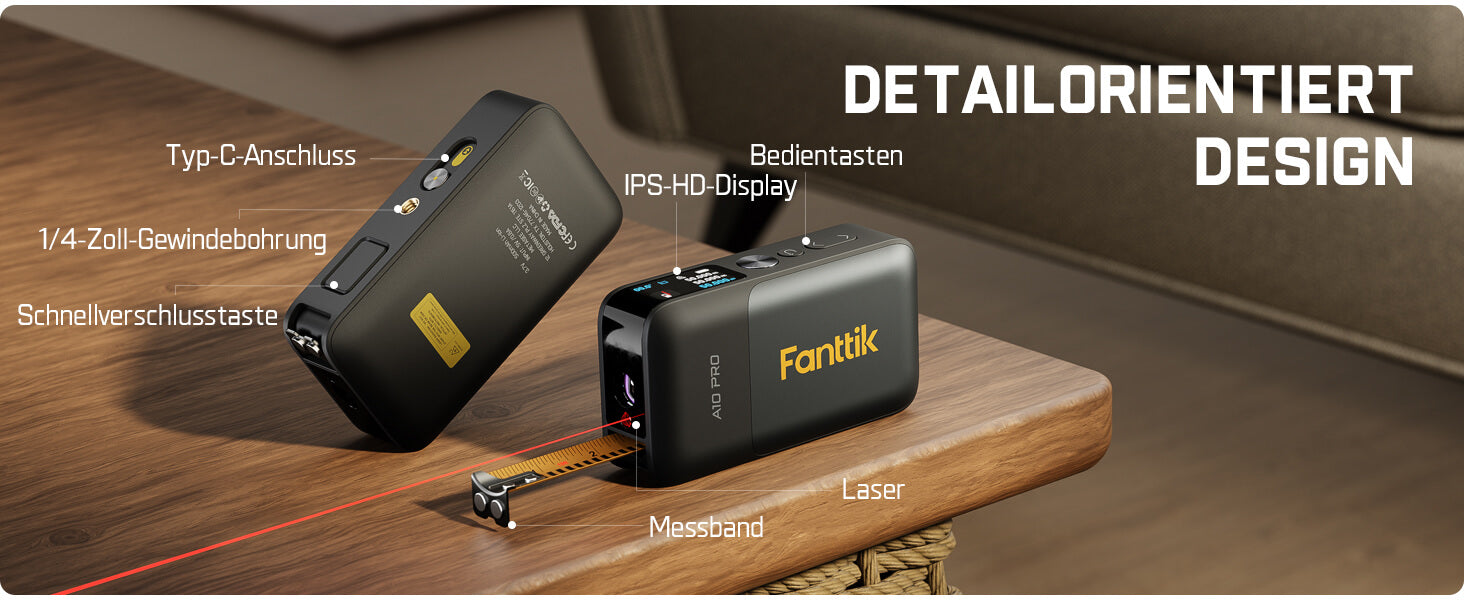 Fanttik A10 Pro 2-in-1 Digitales Laser Entfernungsmesser mit HD IPS-Farbdisplay, Wiederaufladbar 50m Laserentfernungsmesser & 3m Maßband, 6 Einheiten wählbar, Für Entfernung/Fläche/Volumen