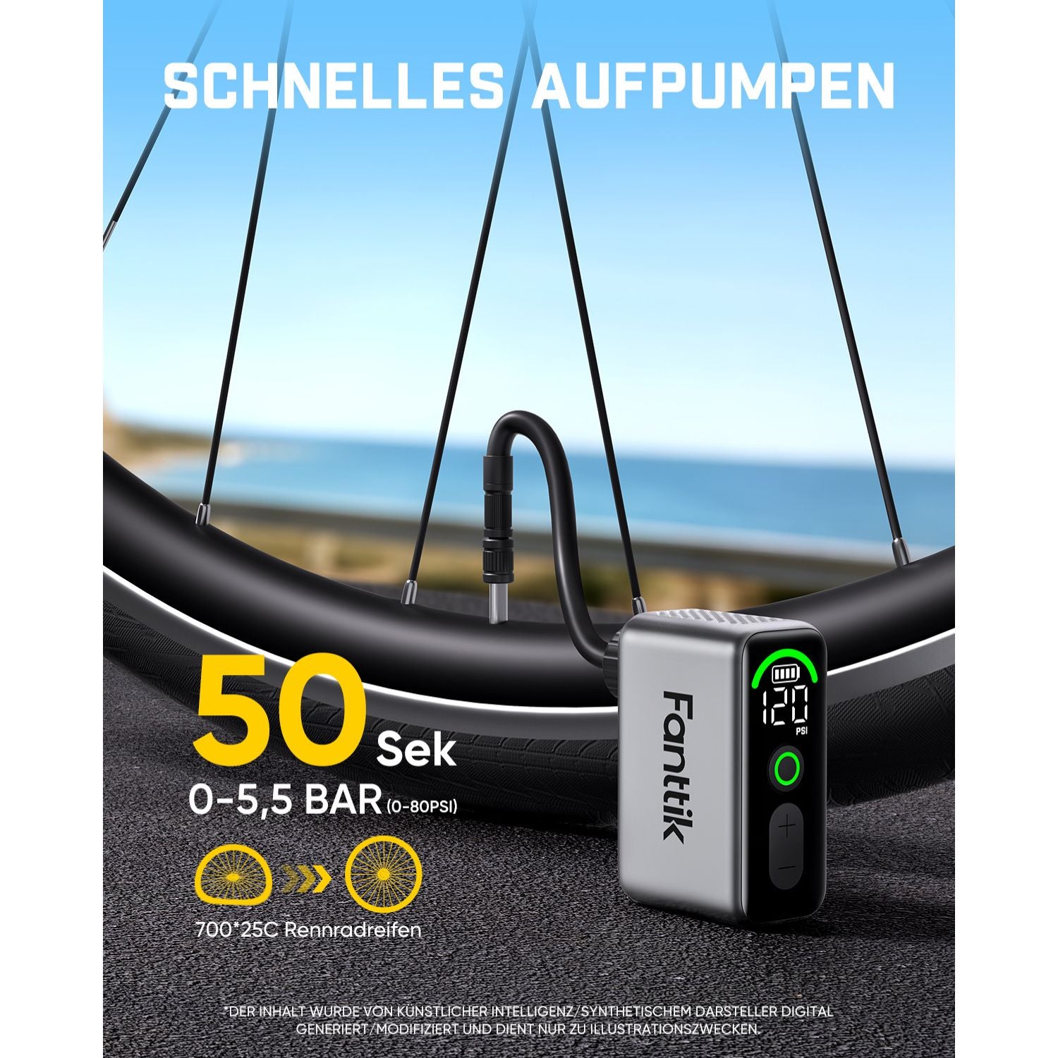Fanttik X10 Ace Tiny Mini-Elektrofahrradpumpe, 120 PSI Kompaktluftpumpe mit Presta- und Schrader-Ventil, Schnellaufblasbare Elektrofahrradpumpe Tragbar für Rennräder
