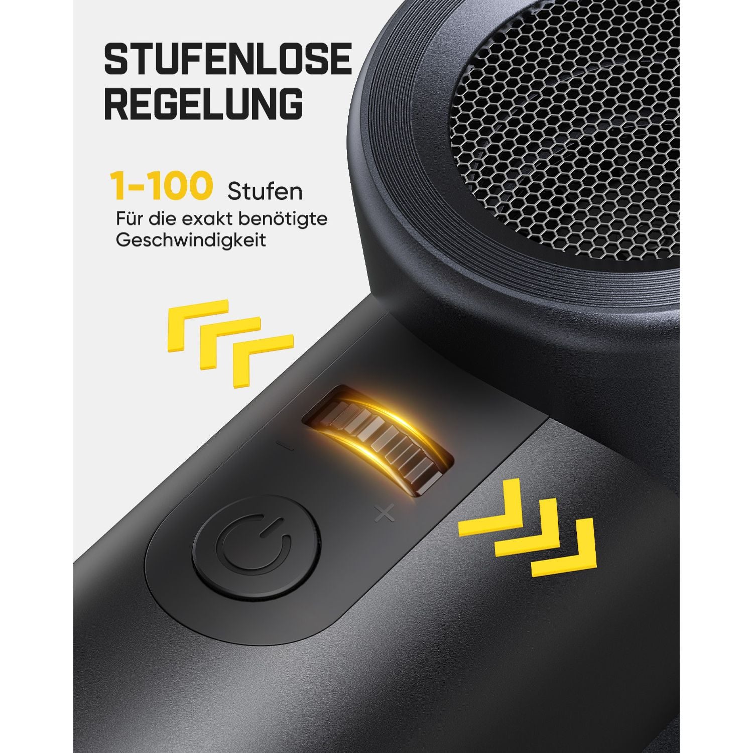 Die Gebläsegeschwindigkeit ist stufenlos einstellbar in **1 bis 100 Stufen**. Dadurch lässt sich die Luftstärke exakt an die jeweilige Aufgabe anpassen. Über Tasten und eine digitale Anzeige kann die gewünschte Stufe komfortabel ausgewählt werden.