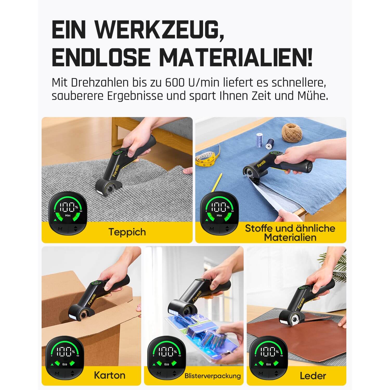 Fanttik C10 Pro BowGuide Elektrischer Kartonschneider, Kalbellose Schere mit LED Anzeige, 2-Geschwindigkeiten, Wiederaufladbarer Rotationsschneider mit Klingen für Stoff, Teppich, Leder, Karton