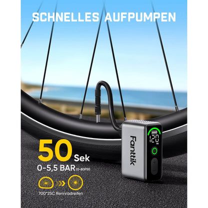 Fanttik X10 Ace Tiny Mini-Elektrofahrradpumpe, 120 PSI Kompaktluftpumpe mit Presta- und Schrader-Ventil, Schnellaufblasbare Elektrofahrradpumpe Tragbar für Rennräder