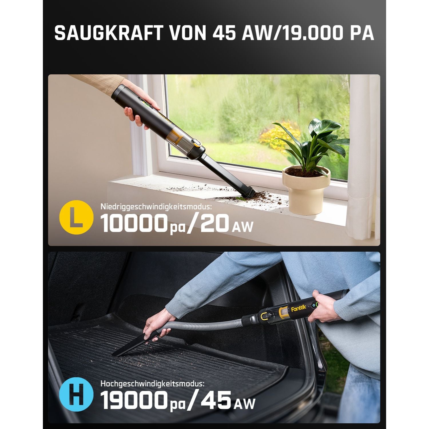 Fanttik Slim V10 Apex Kabelloser 4-in-1 Auto & Mini-Handstaubsauger mit 19000 Pa Saugkraft, Smarter Digitalanzeige und 2 Saugmodi für Auto, Büro & Tastaturen