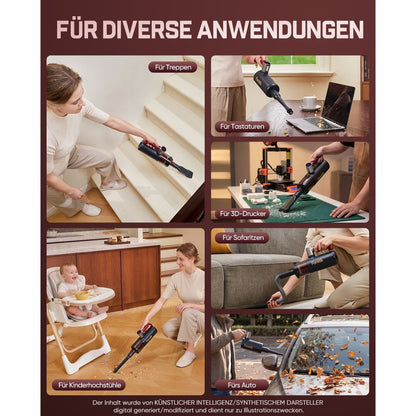 Der Handstaubsauger ist für viele Einsatzbereiche geeignet: Reinigen von Treppen, Tastaturen, 3D-Druckern, Sofaritzen, Kinderhochstühlen und Autos. Mit passenden Aufsätzen beseitigt er Krümel, Staub und Schmutz auch an engen, schwer erreichbaren Stellen im Haushalt und im Fahrzeug.