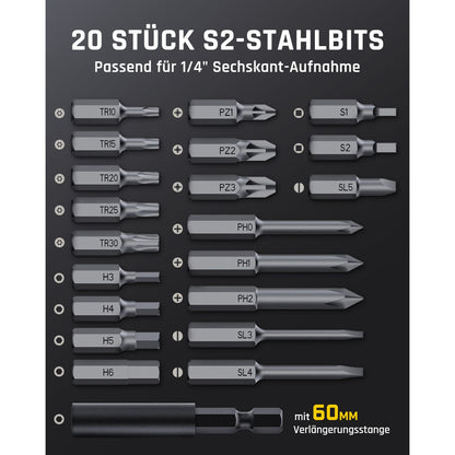 Fanttik S2 Pro 3,7V Elektroschrauber, Akku-Schrauberset, 7 Drehmoment (0,5 bis 6 Nm), 20 magnetische Bits, 1/4-Zoll-Sechskant-Aufnahme mit 90°-Adapter, geeignet für Möbel und Haushaltsreparaturen