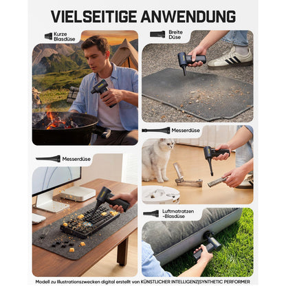 Das Gerät wird mit verschiedenen Aufsätzen geliefert und ist sehr vielseitig einsetzbar:

1. Kurze Blasdüse: Anzünden von Lagerfeuern beim Camping
2. Breite Düse: Reinigen von Autofußmatten
3. Messerdüse: Entfernen von Schmutz zwischen Tastaturtasten
4. Luftmatratzen‑Blasdüse: Aufblasen von Luftmatratzen
Zusätzlich eignet es sich zum Säubern von Werkzeugen und Haustierbereichen.