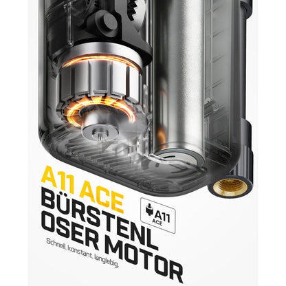 Schnittbild des A11 Ace bürstenlosen Motors. Der bürstenlose Motor zeichnet sich durch schnelle Aufbläsgeschwindigkeit, konstanten Druck und eine lange Lebensdauer aus. Man erkennt den Motoraufbau sowie den integrierten Akku im Inneren des Gehäuses.