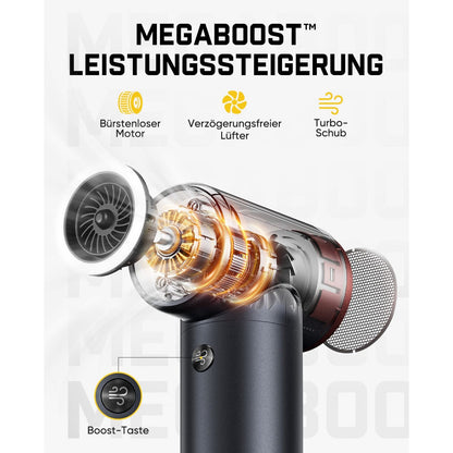 Unter dem MEGABOOST-System arbeitet ein bürstenloser Motor mit verzögerungsfreiem Lüfter für sofortigen Turbo-Schub. Über die separate Boost-Taste kann die maximale Leistung aktiviert werden. Der bürstenlose Motor sorgt für hohe Windkraft, Langlebigkeit und zuverlässige Leistung.