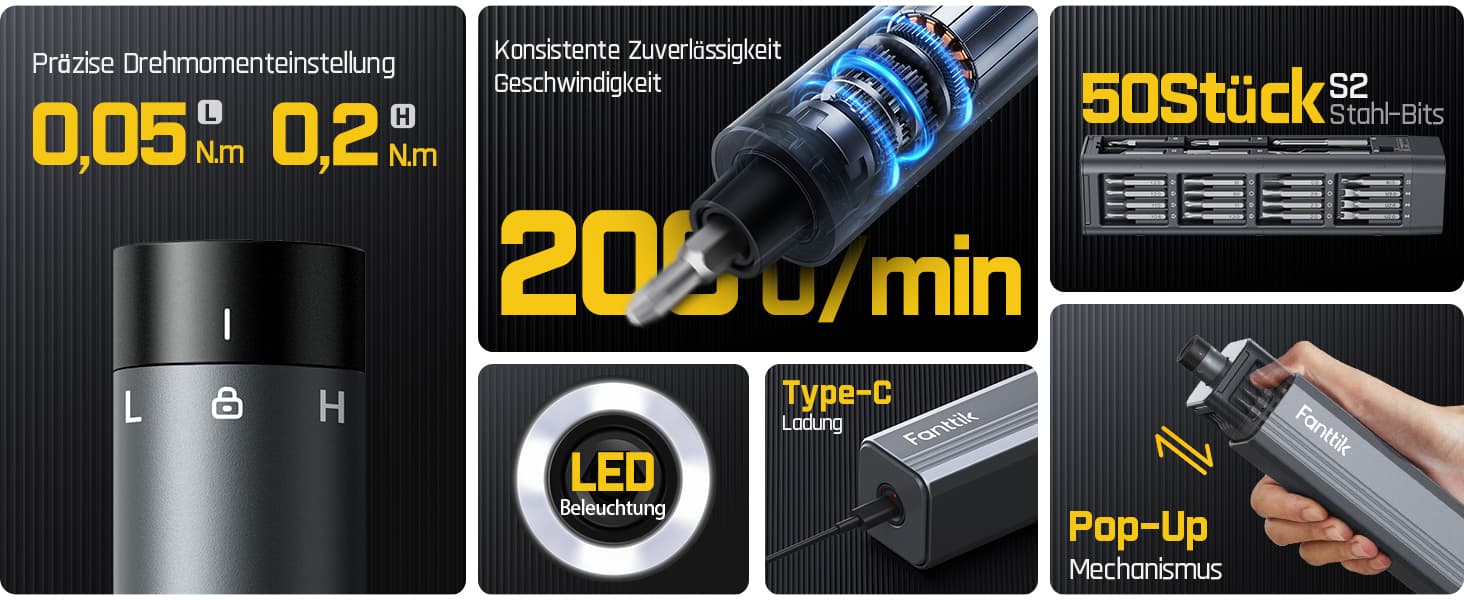 Fanttik E1 Max Mini Elektro Schraubendreher Set, 50 in 1 Magnetische Präzisions-Schraubendreher Kit, 2 Gänge Drehmoment, 5/32 Zoll Sechskant, Geeignet für Reparatur für iPhone,Laptop, Brillen, Uhren