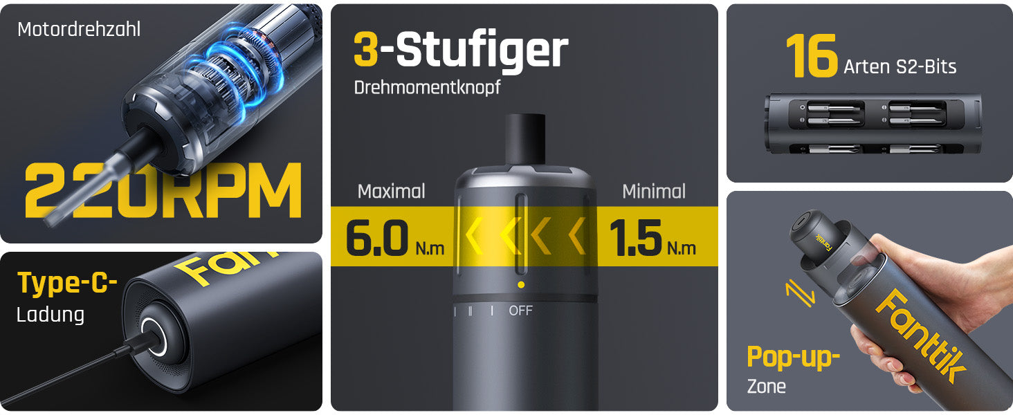Fanttik S1 Pro 3.7V Magnetische Electric Screwdriver, Leistungsstarkes-Schraubendreher-Set mit 16 Bits, Einstellbare 3 Drehmomente bis zu 6 Nm, 2000-mAh-Akku, Geeignet für die Möbel/Computerreparatur
