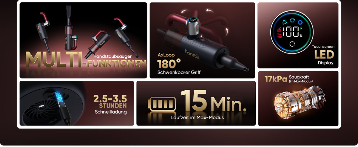 Diese Grafik fasst alle technischen Daten und Besonderheiten zusammen:

- AxLoop 180° schwenkbarer Griff für flexible Reinigungswinkel
- LED-Touchscreen-Display zur Echtzeit-Anzeige
- Maximale Saugkraft von 17 kPa im Max-Modus
- 15 Minuten Laufzeit im Max-Modus
- Schnellladung in 2,5–3,5 Stunden
Der Handgriff kann um 180° gedreht werden, um schwer erreichbare Stellen komfortabel zu säubern.