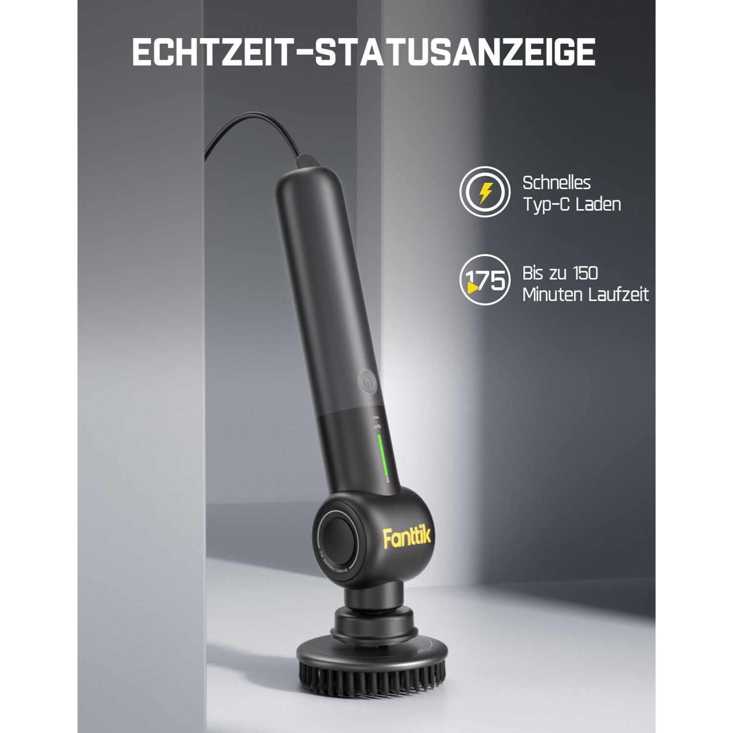 Fanttik Flip G9 Pro Elektrische Reinigungsbürste, VoltiPulse Motor, Dual-Speed, 6 Bürstenköpfe, Flexibler Winkel & Ausziehbarer Griff, IPX7 Wasserdicht, Typ-C Ladung für Boden, Fliesen, Fugen -Schwarz