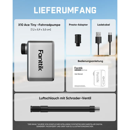 Fanttik X10 Ace Tiny Mini-Elektrofahrradpumpe, 120 PSI Kompaktluftpumpe mit Presta- und Schrader-Ventil, Schnellaufblasbare Elektrofahrradpumpe Tragbar für Rennräder