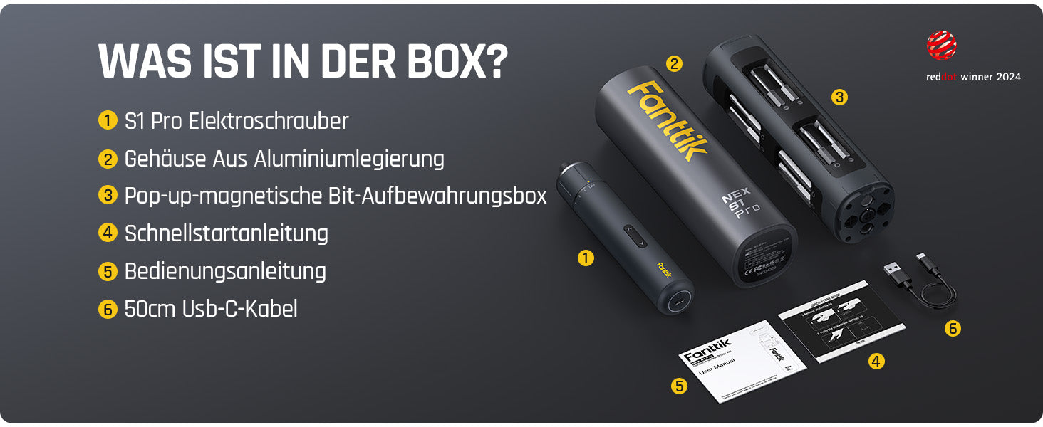 Fanttik S1 Pro 3.7V Magnetische Electric Screwdriver, Leistungsstarkes-Schraubendreher-Set mit 16 Bits, Einstellbare 3 Drehmomente bis zu 6 Nm, 2000-mAh-Akku, Geeignet für die Möbel/Computerreparatur