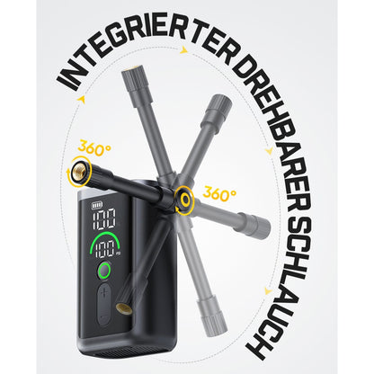 Integrierter um 360° drehbarer Luftschlauch. Der Schlauch lässt sich frei in alle Richtungen drehen. Dadurch ist eine komfortable Montage am Reifenventil möglich, ohne das Gerät verkeilen oder verdrehen zu müssen.
