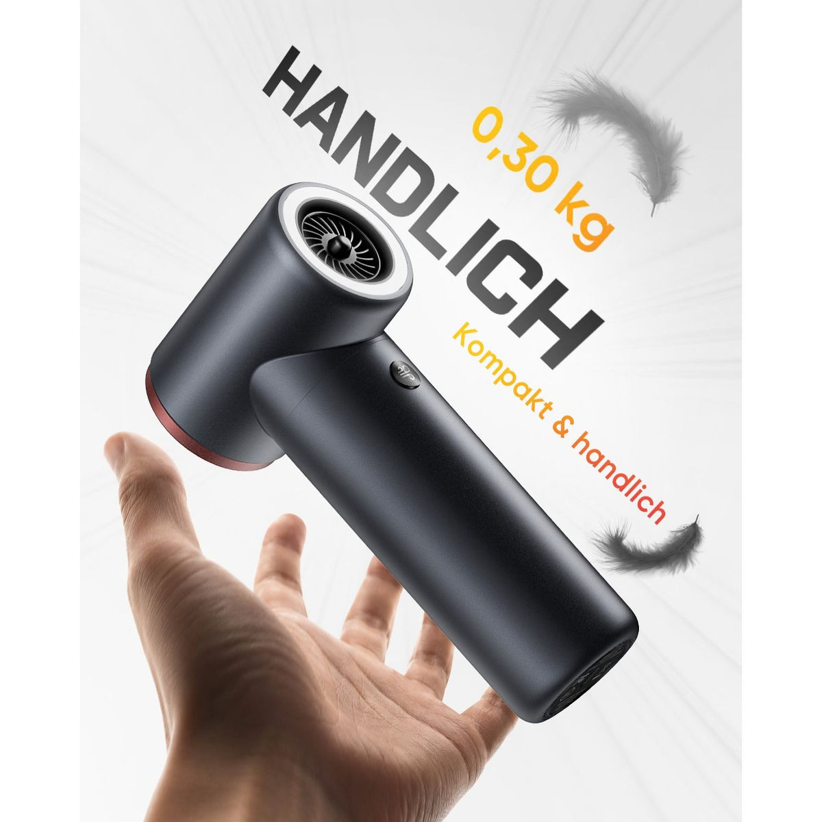 Dieses Bild zeigt den Fanttik B11 Pro elektrischen Luftentstauber in einer Hand. Er wiegt nur 0,30 kg, ist kompakt und handlich. Das geringe Gewicht ermöglicht eine komfortable Nutzung über längere Zeit.