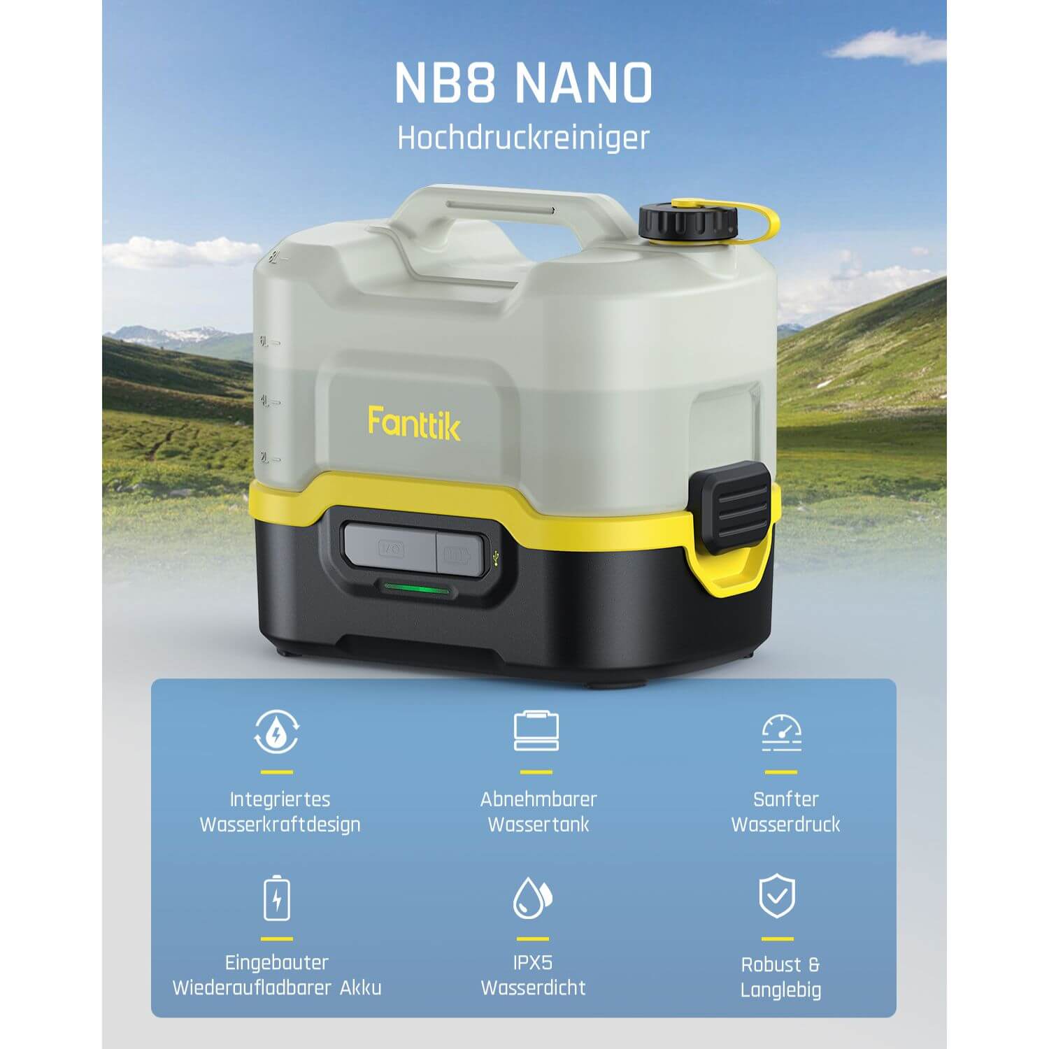 Fanttik NB8 Nano Tragbarer kabelloser elektrischer Hochdruckreiniger mit 2,1 Gallonen Tank, Einziehbarem Sprühkopf, 2600 mAh, Waschmaschine für Terrassengarten, Campingdusche und Haustierreinigung