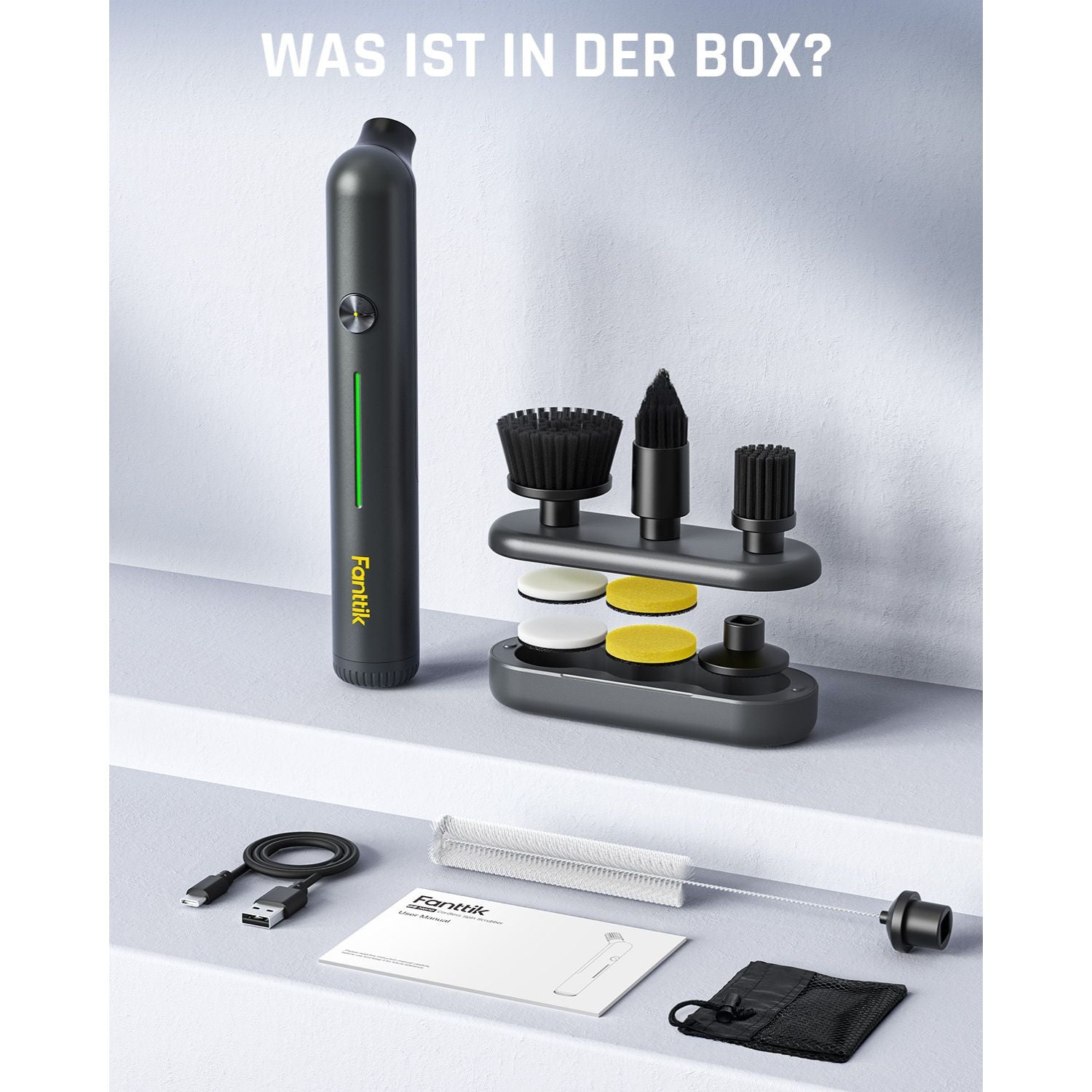 Fanttik G9 Nano Elektrischer Spin Scrubber, kabellose Fugenbürste, Typ-C-Ladung, LED-Anzeige, IPX7, 8 Aufsätze für Fugen, Ecken – Schwarz