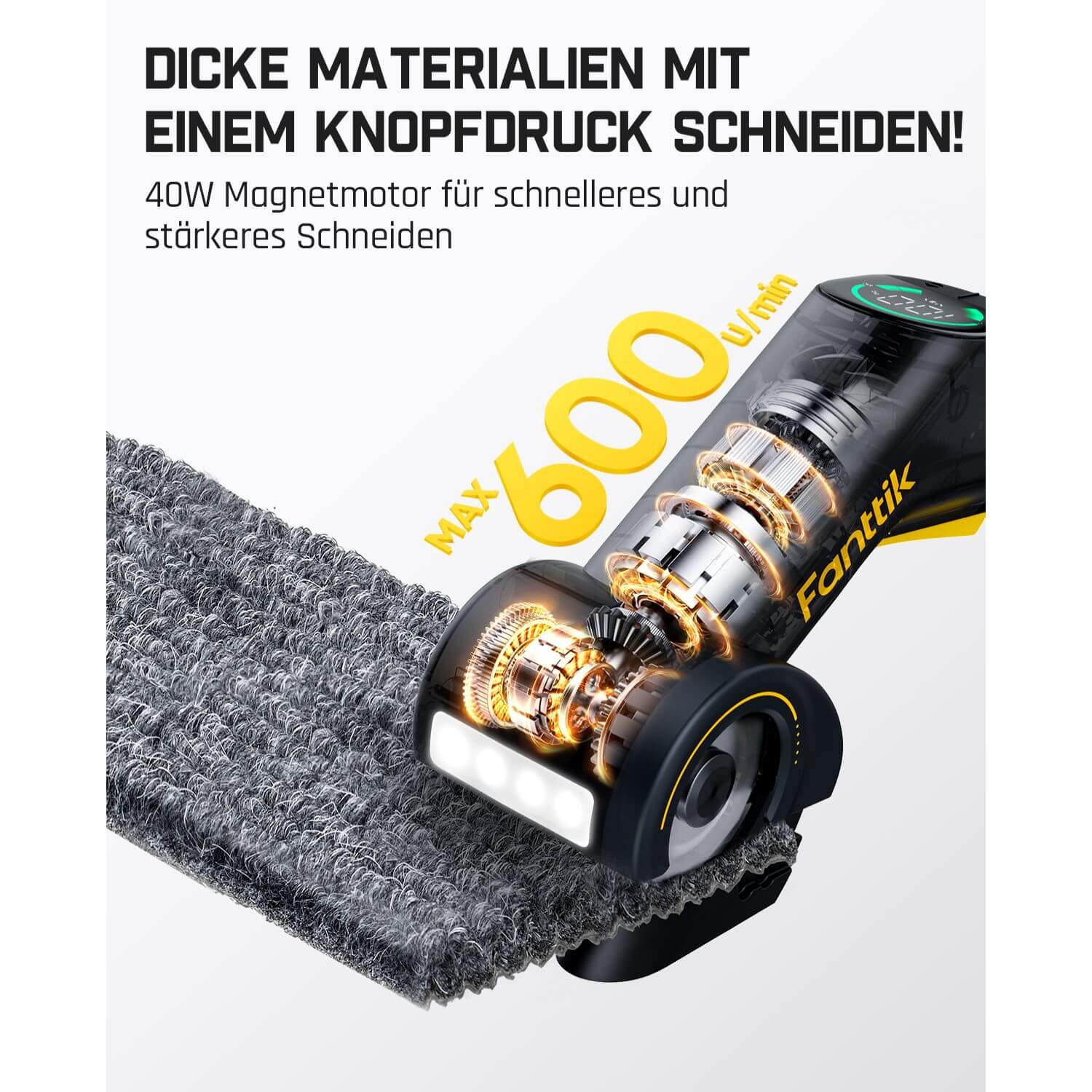 Fanttik C10 Pro BowGuide Elektrischer Kartonschneider, Kalbellose Schere mit LED Anzeige, 2-Geschwindigkeiten, Wiederaufladbarer Rotationsschneider mit Klingen für Stoff, Teppich, Leder, Karton