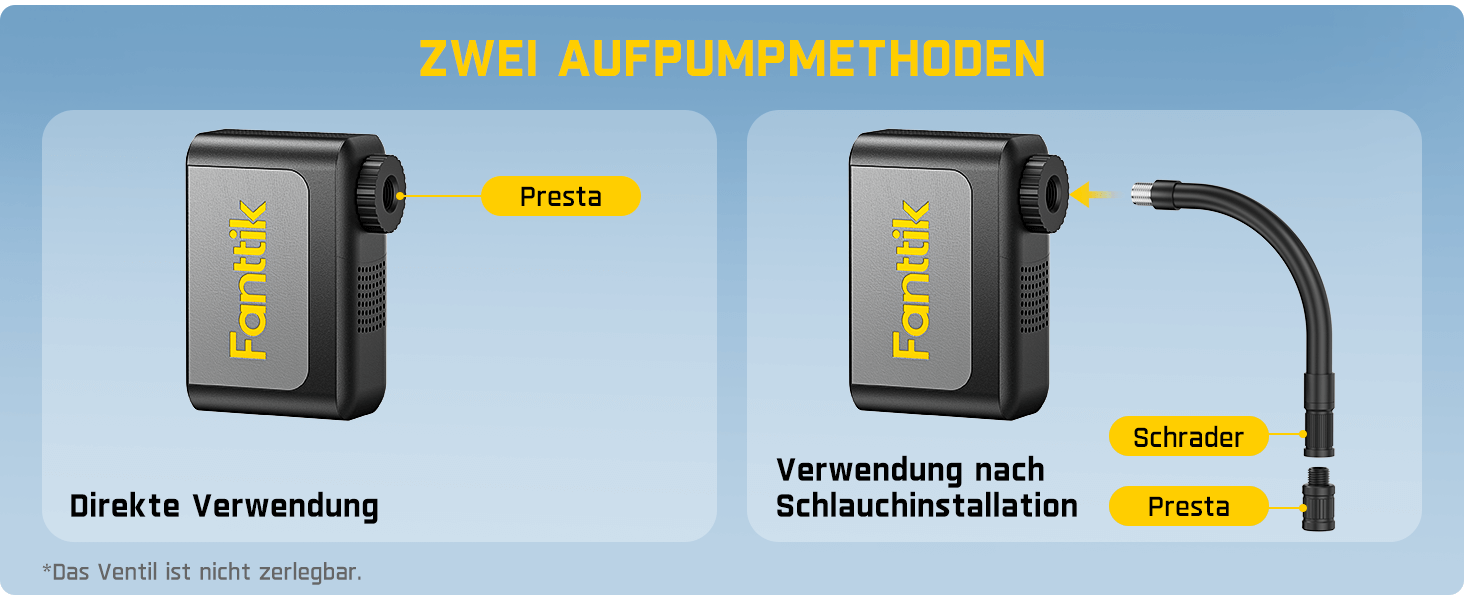 Mit voreingestelltem Druck, automatischer Pause und Speicherfunktion ist die mini Fahrradpumpe intuitiv bedienbar. Das LED-Display zeigt den Druck in Echtzeit an, und die Kompatibilität mit Presta- und Schrader-Ventilen macht sie zum idealen Begleiter für Rennräder, E-Bikes und Mountainbikes.