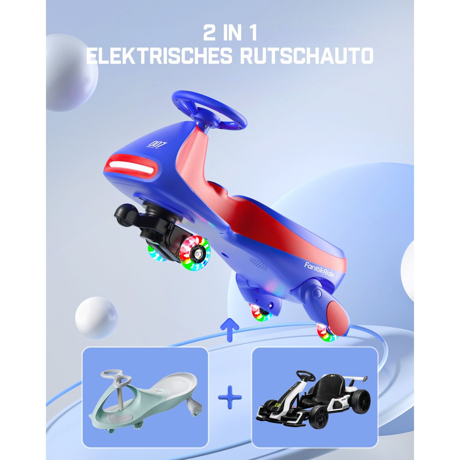 FanttikRide 12V N7 Pro Kinder Elektroauto, Elektrisches Rutschauto mit Pedal, 2 in 1 Kinder Auto, aufladbar Batterie 2 Geschwindigkeit Kippschutz Leuchtende Räder Bluetooth für Kind ab 3 Jahren, Blau