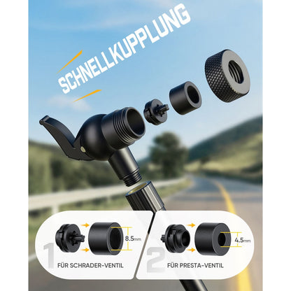Schnellkupplung-Adapter für zwei gängige Fahrradventile:

1. Schrader-Ventil (8,5 mm)
2. Presta-Ventil (4,5 mm)
Mit dem mitgelieferten Zubehör kann die Pumpe sowohl für Autoventile (Schrader) als auch für Rennradventile (Presta) verwendet werden. Der Wechsel zwischen den Ventilarten geht schnell und ohne Werkzeug.