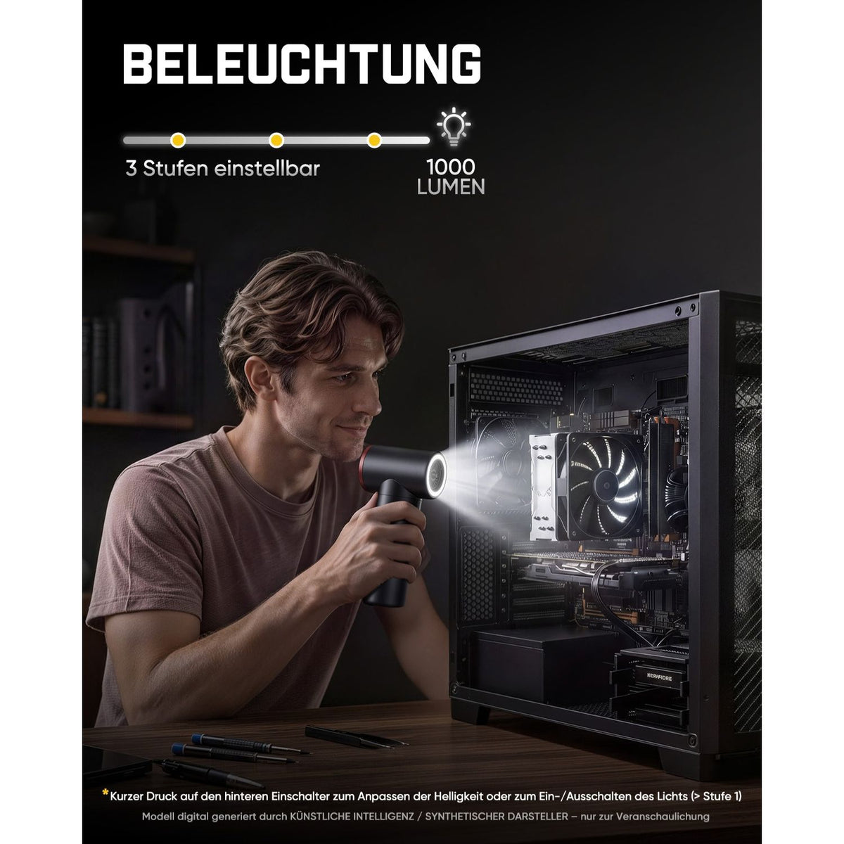 Der Luftentstauber hat eine integrierte Beleuchtung mit 1000 Lumen. Die Helligkeit ist in 3 Stufen einstellbar.
Ein kurzer Druck auf den hinteren Einschalter dient zum Ein-, Ausschalten des Lichts oder zum Wechseln der Helligkeitsstufe.
Die Leuchte hilft bei der Reinigung von dunklen Bereichen, zum Beispiel beim Säubern von PC-Gehäusen.