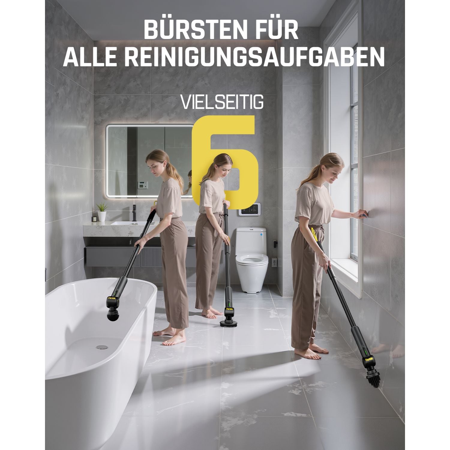 Fanttik Flip G9 Pro Elektrische Reinigungsbürste, VoltiPulse Motor, Dual-Speed, 6 Bürstenköpfe, Flexibler Winkel & Ausziehbarer Griff, IPX7 Wasserdicht, Typ-C Ladung für Boden, Fliesen, Fugen -Schwarz
