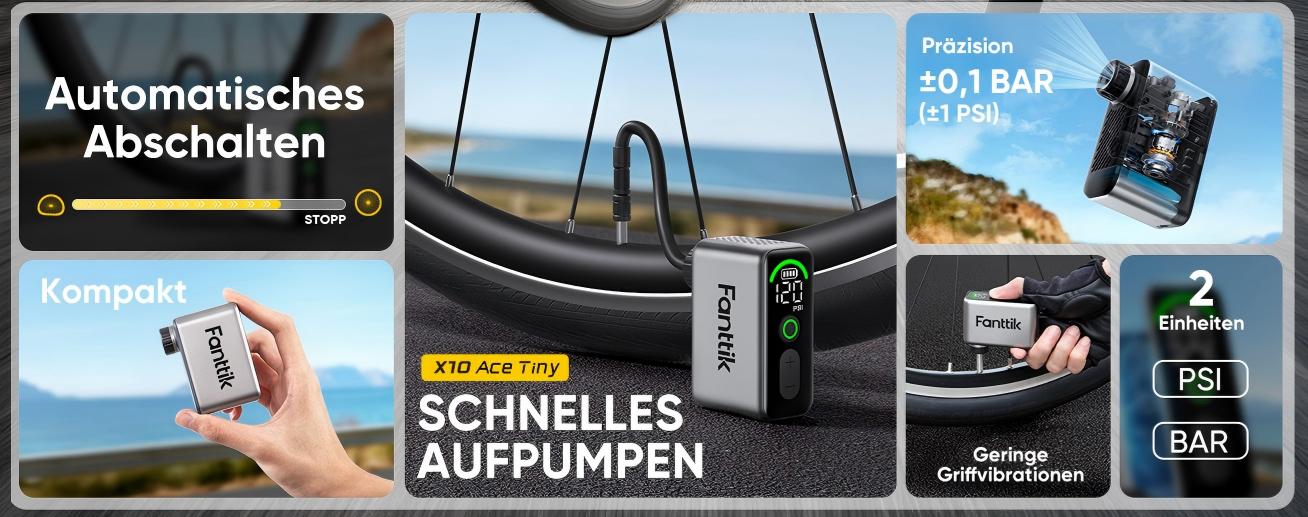 Fanttik X10 Ace Tiny Mini-Elektrofahrradpumpe, 120 PSI Kompaktluftpumpe mit Presta- und Schrader-Ventil, Schnellaufblasbare Elektrofahrradpumpe Tragbar für Rennräder