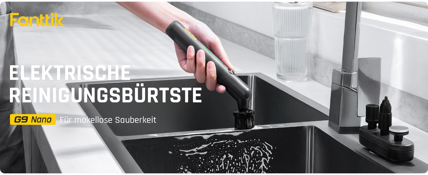 Fanttik G9 Nano Elektrischer Spin Scrubber, kabellose Fugenbürste, Typ-C-Ladung, LED-Anzeige, IPX7, 8 Aufsätze für Fugen, Ecken – Schwarz