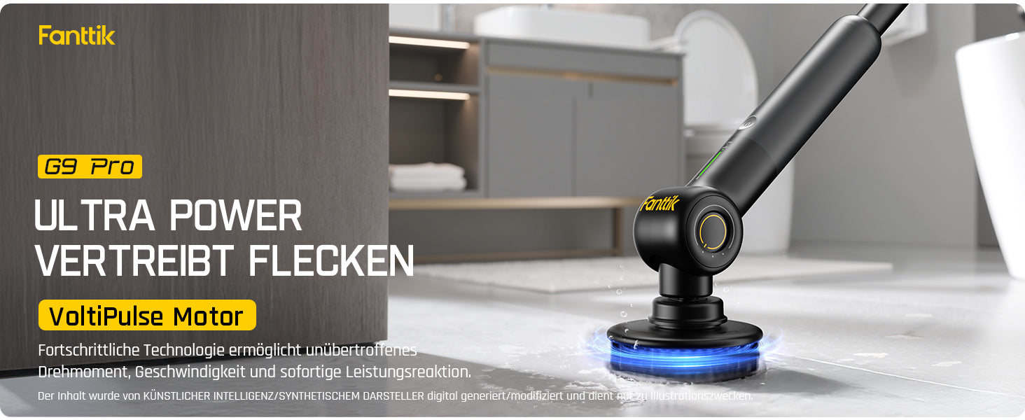 Fanttik Flip G9 Pro Elektrische Reinigungsbürste, VoltiPulse Motor, Dual-Speed, 6 Bürstenköpfe, Flexibler Winkel & Ausziehbarer Griff, IPX7 Wasserdicht, Typ-C Ladung für Boden, Fliesen, Fugen -Schwarz
