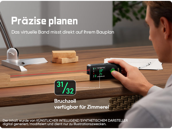 Das Gerät unterstützt die Bruchzoll-Anzeige, optimal abgestimmt auf Anforderungen der Zimmerei. Wie ein virtuelles Maßband liefert es präzise Werte direkt bei der Planung und Bearbeitung von Holzwerkstücken.