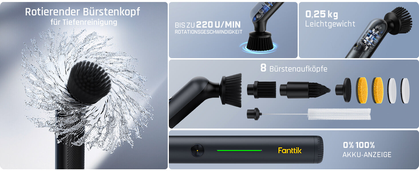 Fanttik G9 Nano Elektrischer Spin Scrubber, kabellose Fugenbürste, Typ-C-Ladung, LED-Anzeige, IPX7, 8 Aufsätze für Fugen, Ecken – Schwarz