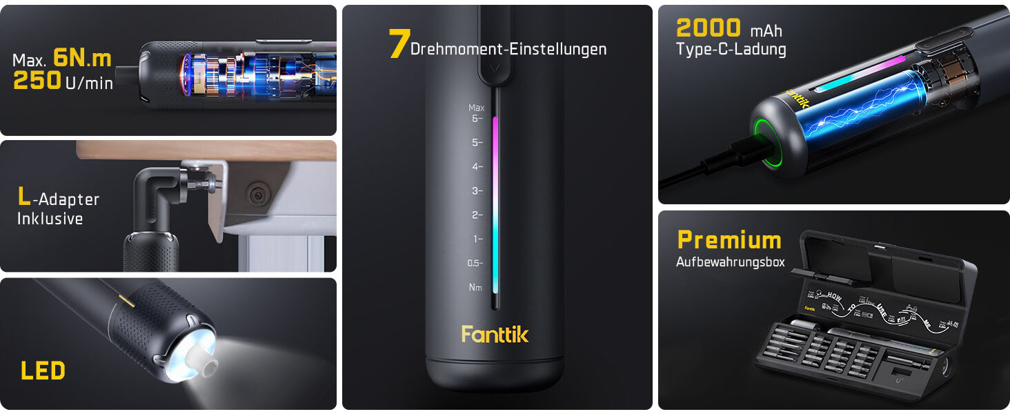 Fanttik S2 Pro 3,7V Elektroschrauber, Akku-Schrauberset, 7 Drehmoment (0,5 bis 6 Nm), 20 magnetische Bits, 1/4-Zoll-Sechskant-Aufnahme mit 90°-Adapter, geeignet für Möbel und Haushaltsreparaturen